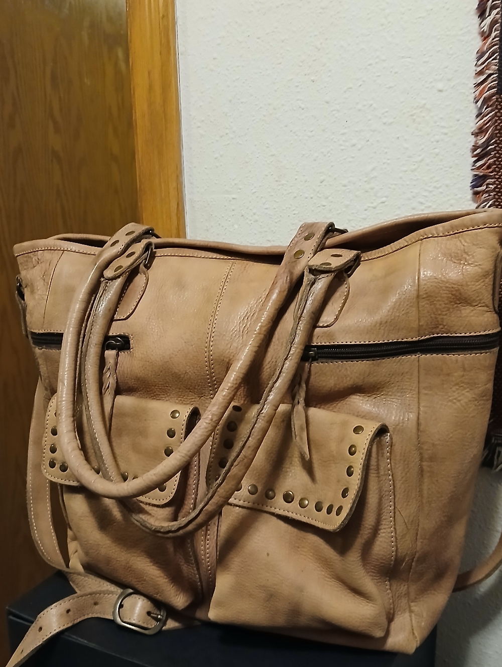 Never Mind! Tan Genuine Leather Studded Multi-Pocket Tote Bag